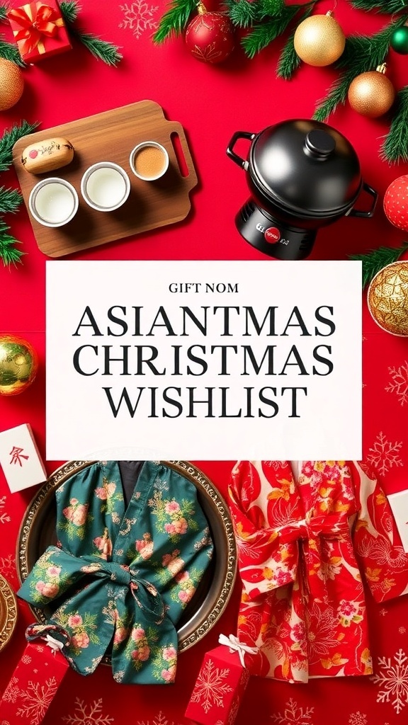 Asian-Inspired Christmas Wishlist Ideas A festive display of Asian-inspired Christmas gifts including a matcha tea set, BBQ grill, and silk kimono.